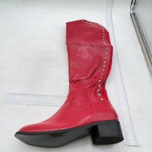 Women Regular Round Toe Flat Riding Knee High Boots Chunky Low Heel Red
